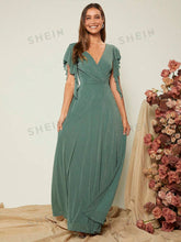 1pc Surplice Neck Butterfly Sleeve Glitter Bridesmaid Dress